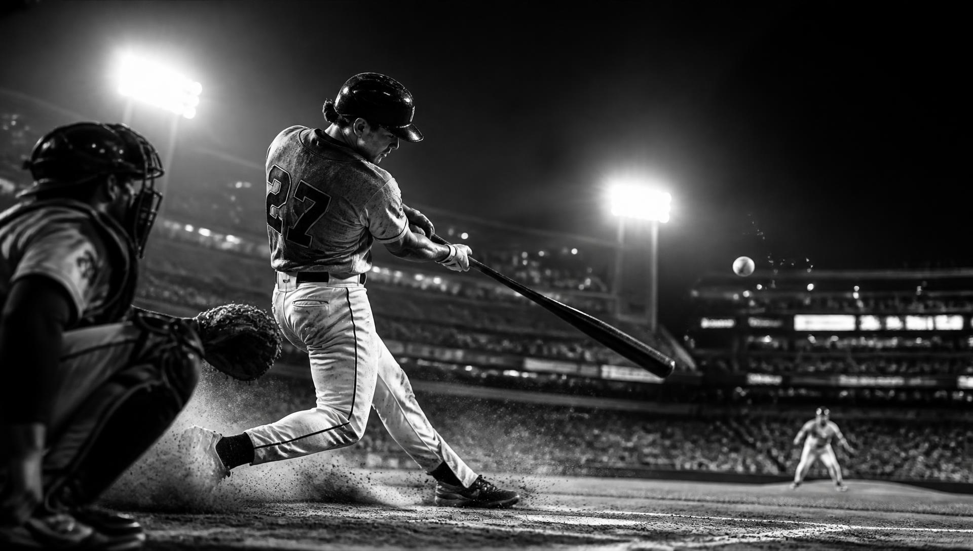 Black and white photograph of a young baseball player swinging under stadium lights